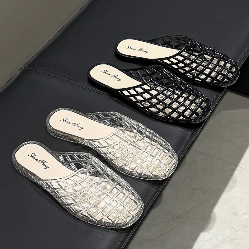 Women's slippers summer breathable women's cool sandals summer sparkling flat hollow out versatile hooded cool sandals for women
