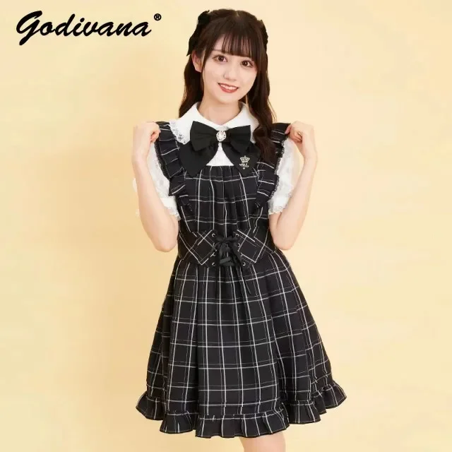 

SC Lolita Rojita Dress Mine Mass-Produced Women's Spring Autumn Dress High Waist Plaid Lace Janpanese Long Sleeve A Line Dress