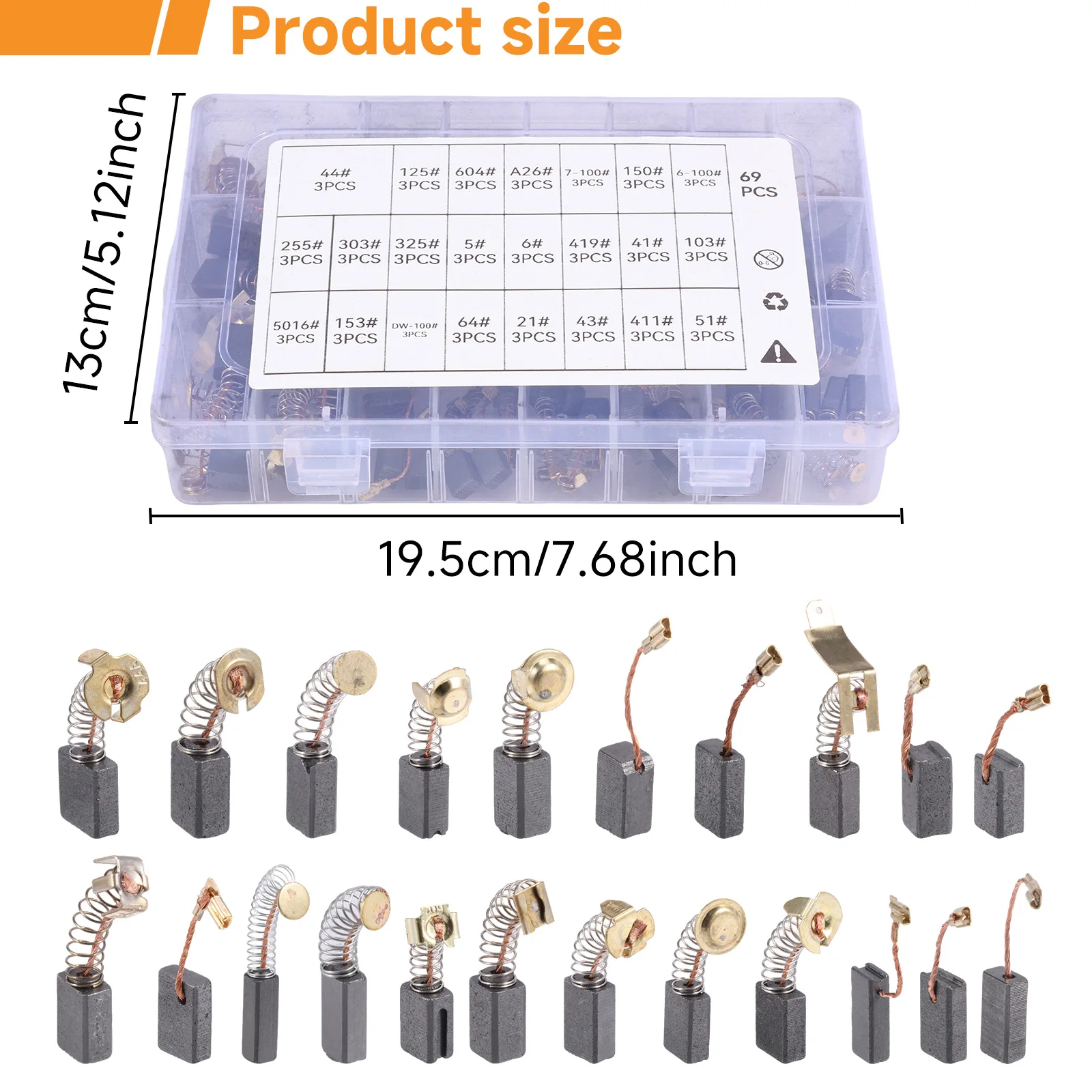 69PCS 23 Sizes Motor Carbon Brush Set Oxidation Copper Wire Non-Slip Grooves Carbon Brushes Replacement for Angle Grinder Hammer