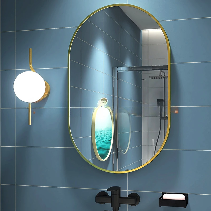 Nordic Oval Glass Bathroom Mirror Wall Mounted Design Unbreakable Bathroom Mirror Gold Frame Espejos Con Luces Indoor Supplies