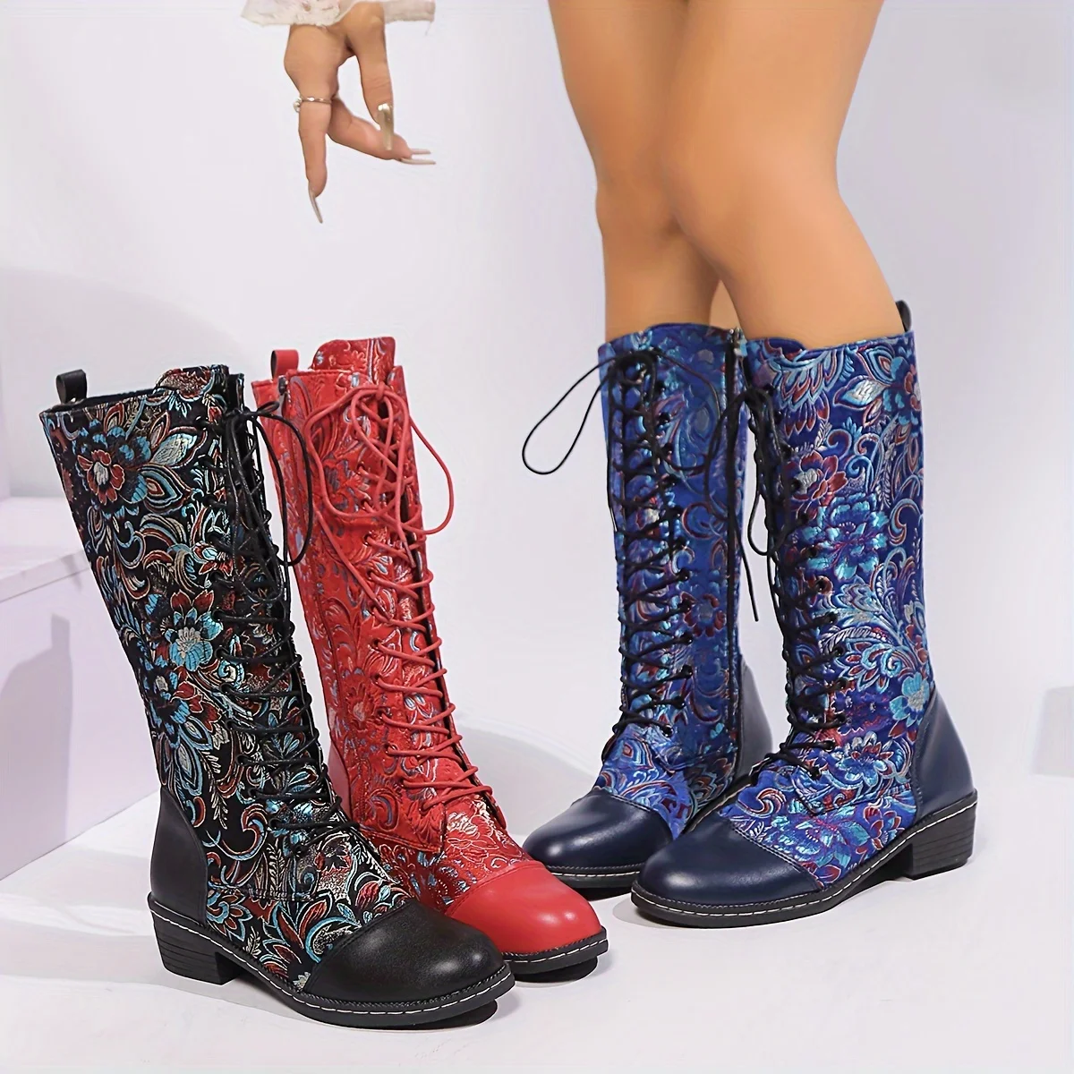Ethnic Style Lace-Up Mid-Calf Women Boots New Classic Stylish Handmade Patchwork Mid-Calf Boots Women for Autumn Winter Shoes