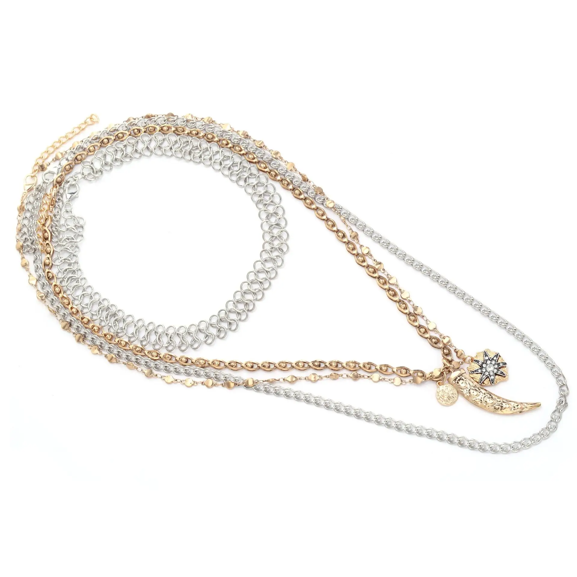 Boho Mehrschichtige Halskette mit Tierzahn- und Sternmünzanhänger für Damen, Vintage Metallkette, Choker, Statement-Schmuckaccessoires – Detail 4