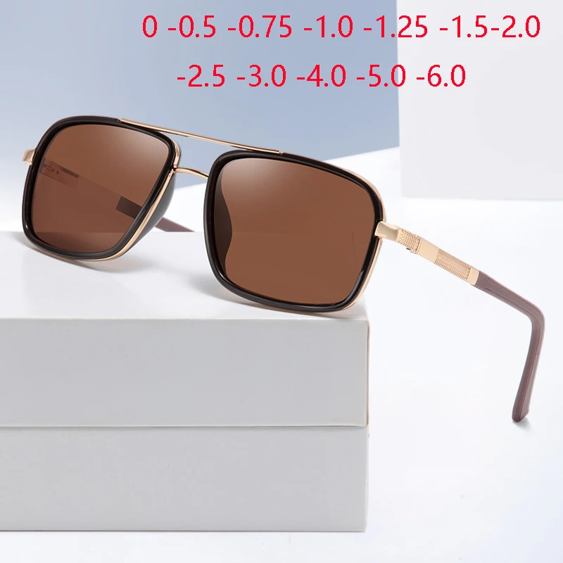 Double Beam Steampunk Square Myopia Sunglasses Men Polarized Outdoors Anti-Glare Prescription Sun Glasses 0 -0.5 -0.75 To -6.0