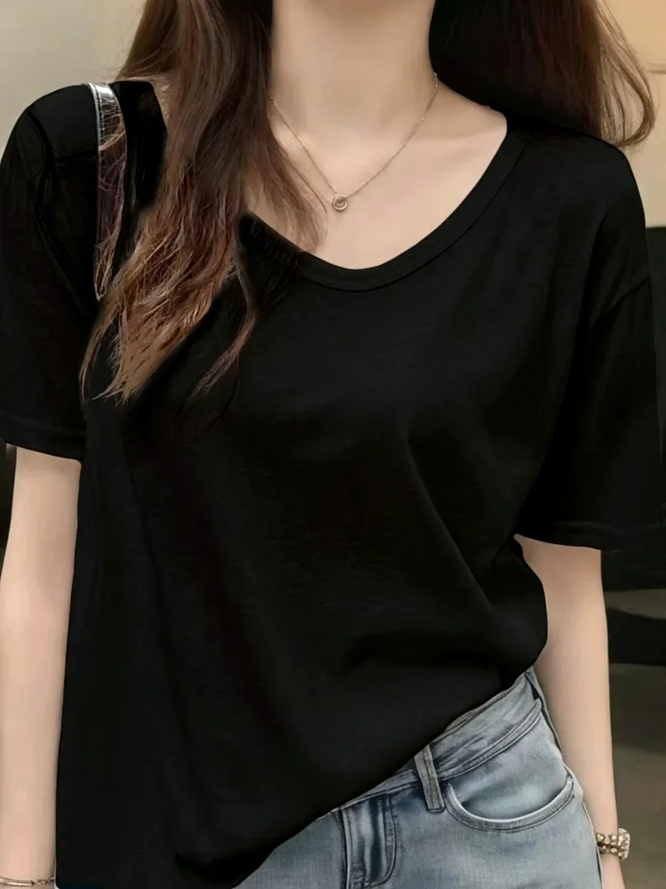 Slimming Ice Silk Snowflake Cotton Short Sleeve T-Shirt Women's plus Size Loose Thin V-Neck Casual Pure Color Top