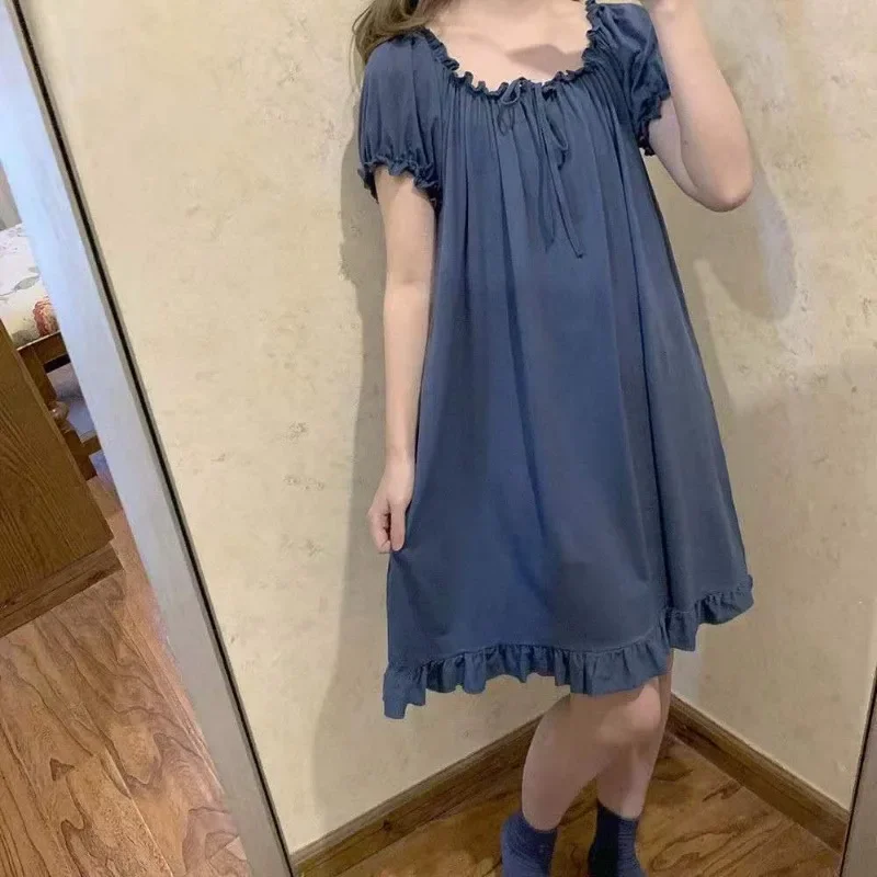 Cute Simple Ruffled Edge Sleepshirts Student Homewear Pajama Women's Summer Japanese Version Loose Casual Mid Length Nightgowns