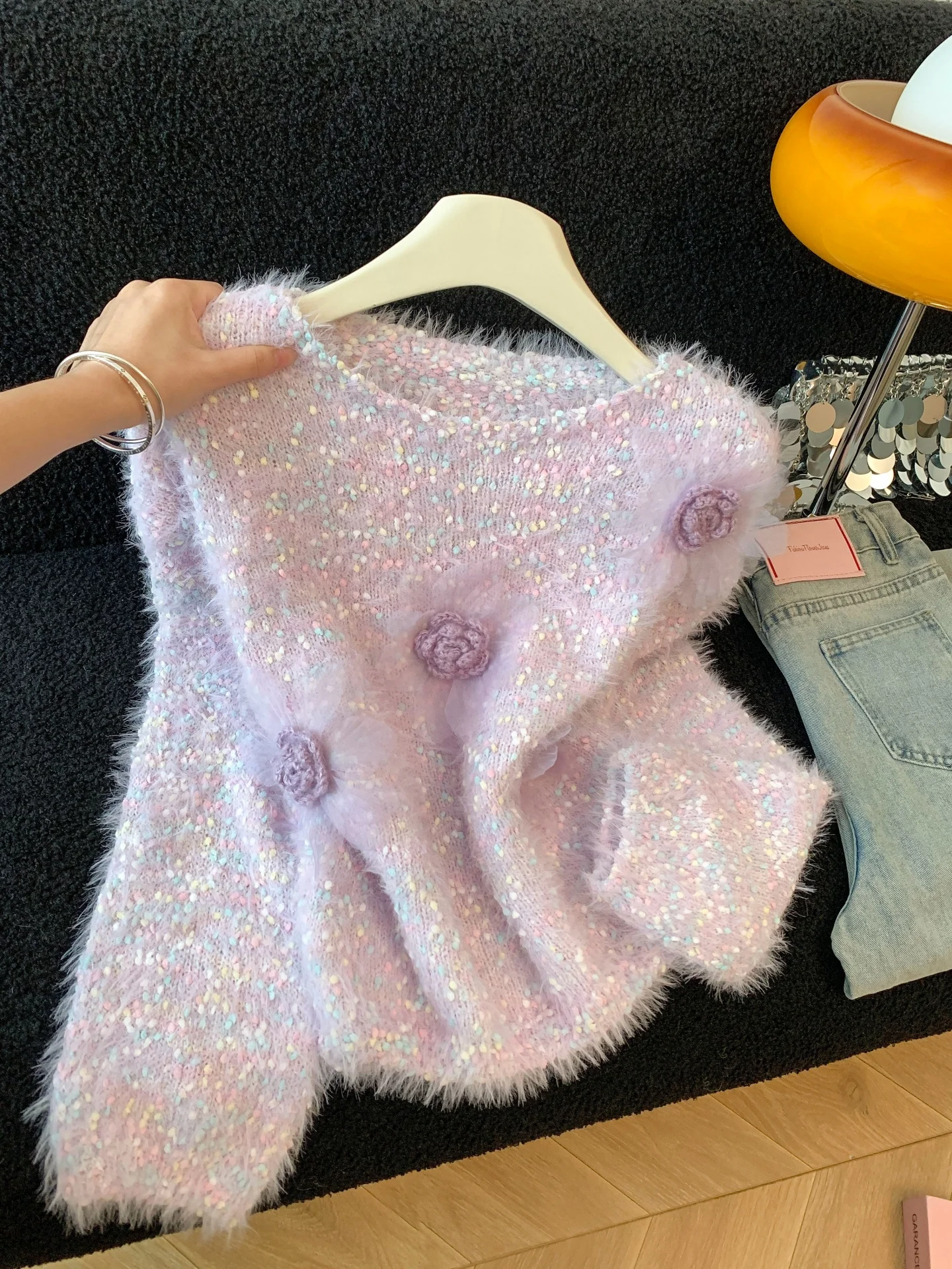 

Soft Faux Fur Pink Sweater Women's Autumn Winter Sle Sweet Gentle Knitted Top Floral Embroidery Long Sve round Ne Pull...