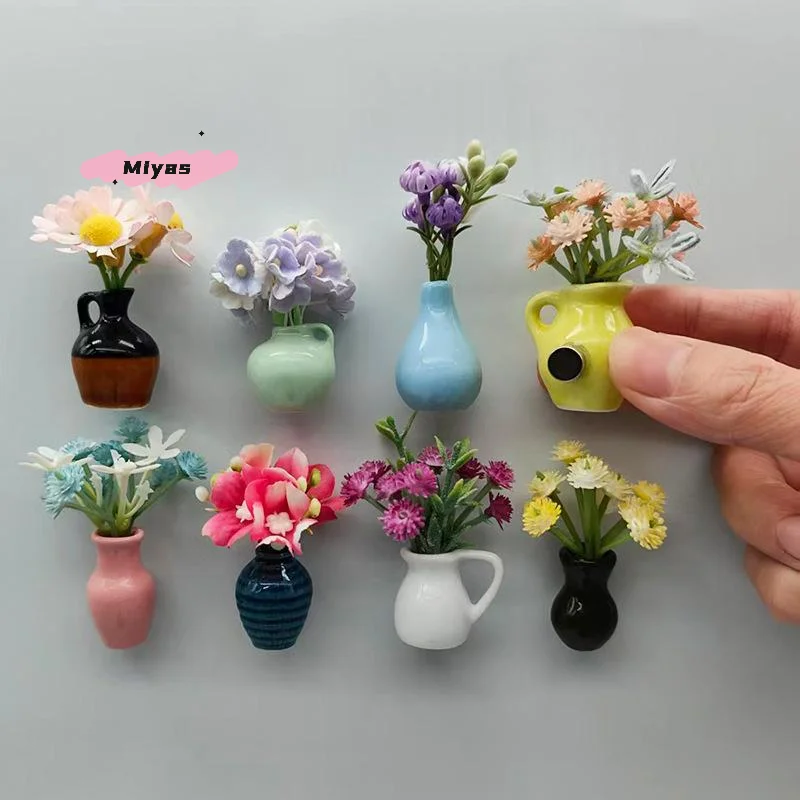 1 stks 3D Stereo Keramische Mini Vaas Model Ins Stijl Woondecoratie Magneet voor Poppenhuis Kleine Koelkast Sticker