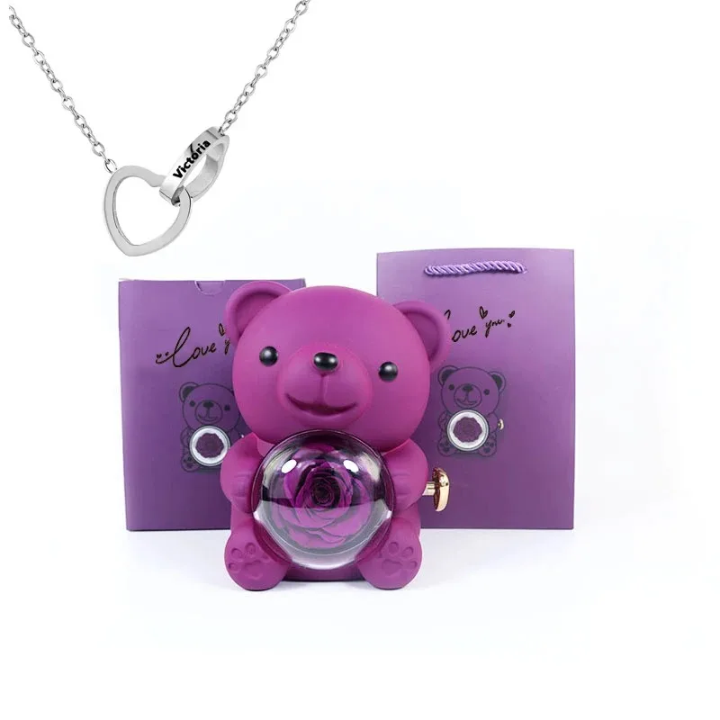 Ewige Rosen-Teddybär-Schmuckschatulle mit individueller Namenskette 5