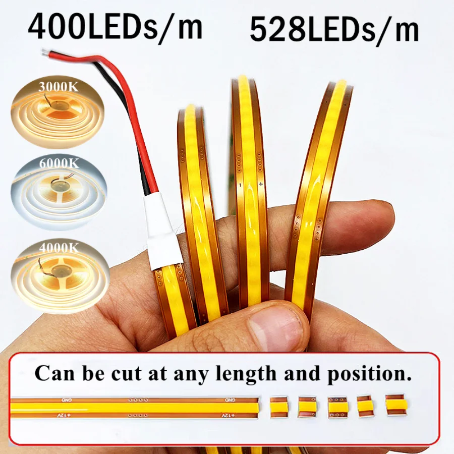 Arbitrary Cropping 0.5~10M 12V 24V COB LED Light Strip Free Cut 400/528LEDs Flexible Tape Warm/Natural/White Linear Lighting