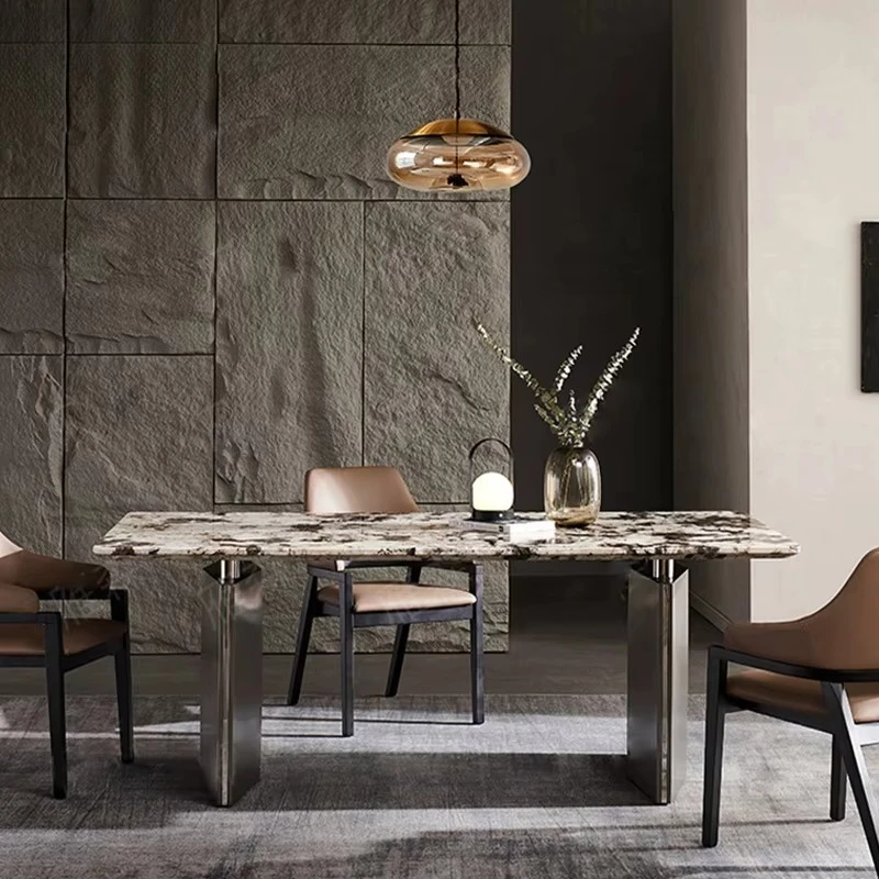 Group Luxury Home Furniture Nature Marble Table Snow Mountain Silver Fox Marble Dining Table Set