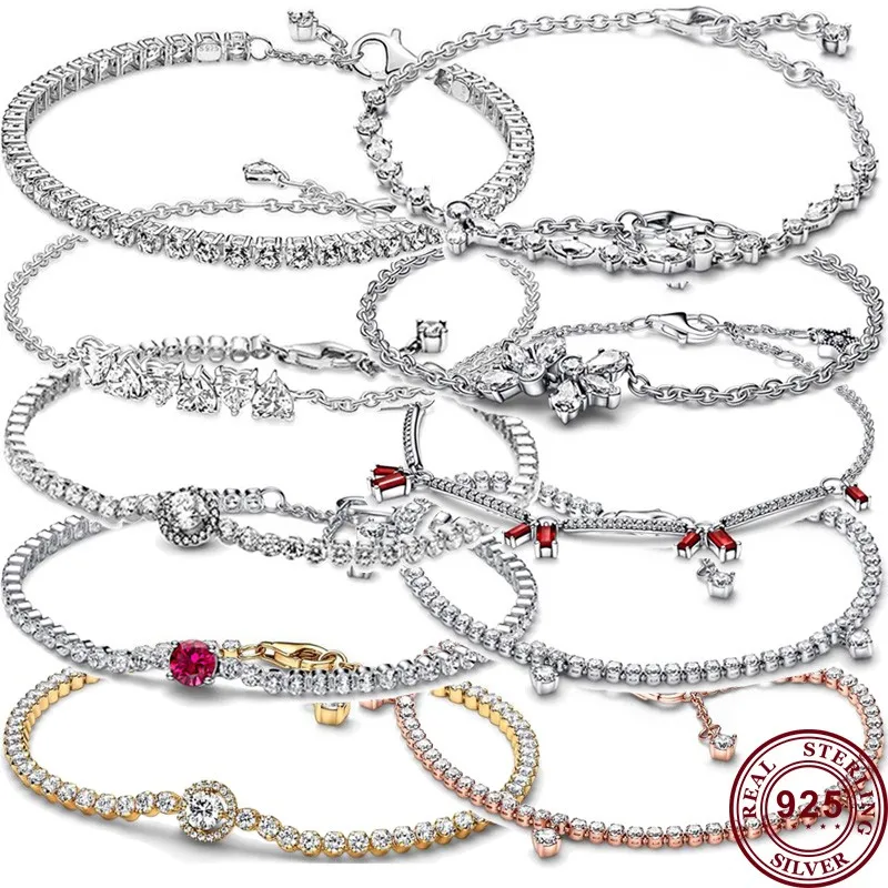 

New Hot 925 Silver Sparkling And Red Tennis Original Women's Love Heart Logo Flower Bracelet Wedding DIY Fashion Charm Jewelry