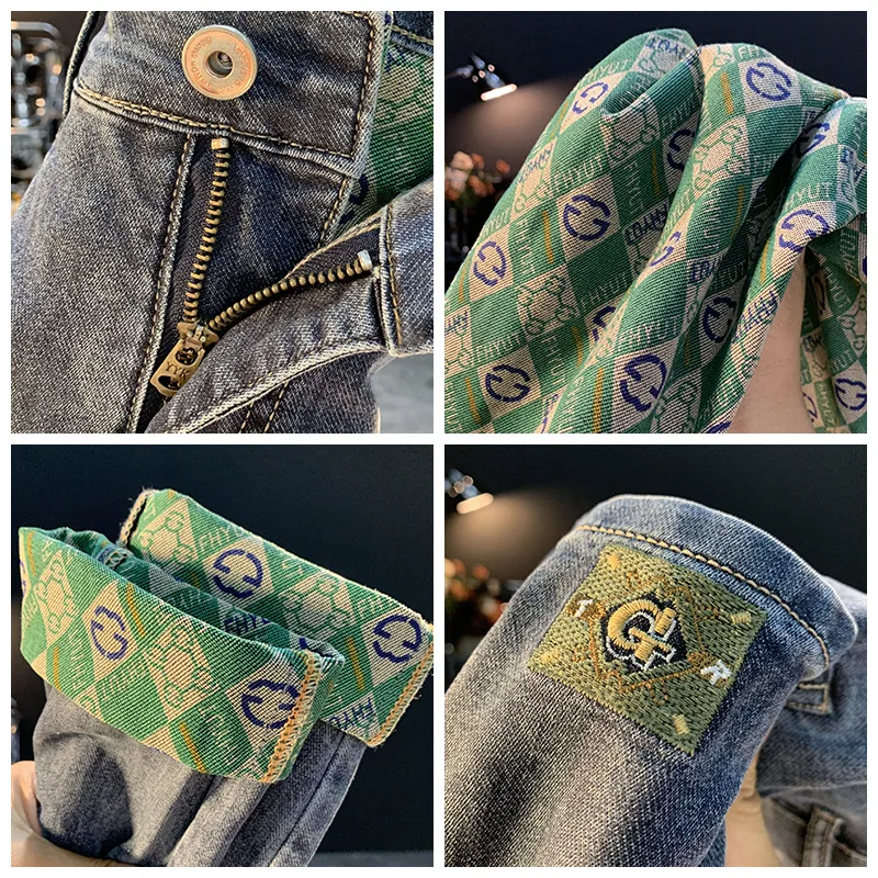 2024 Summer Thin Casual Printed Jeans For Men'S New Trendy Elastic Slim Fit Straight Barrel Washed Casual Fashion Denim Pants