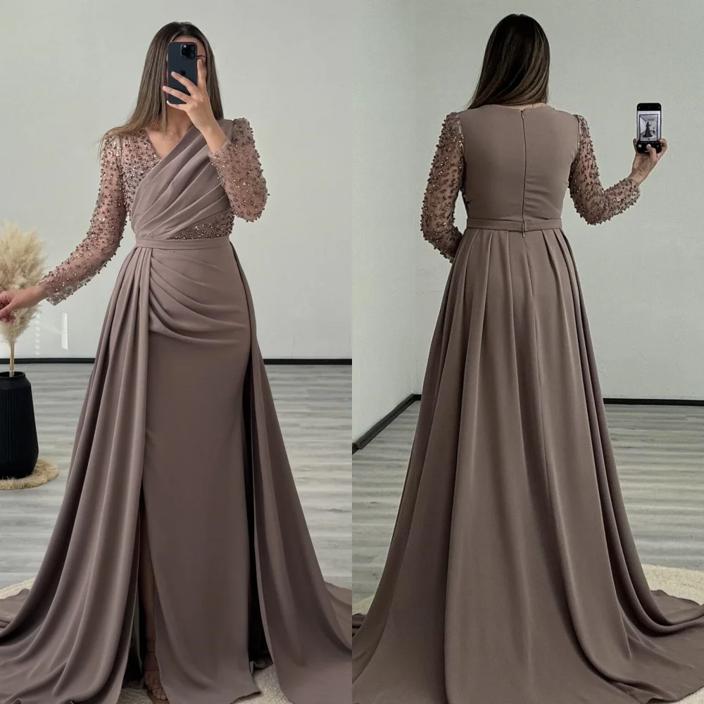

Customized Exquisite Chiffon Pleat Draped Beading Sequined Sash A-line V-neck Long Dresses Bespoke Occasion Dresses High Quality