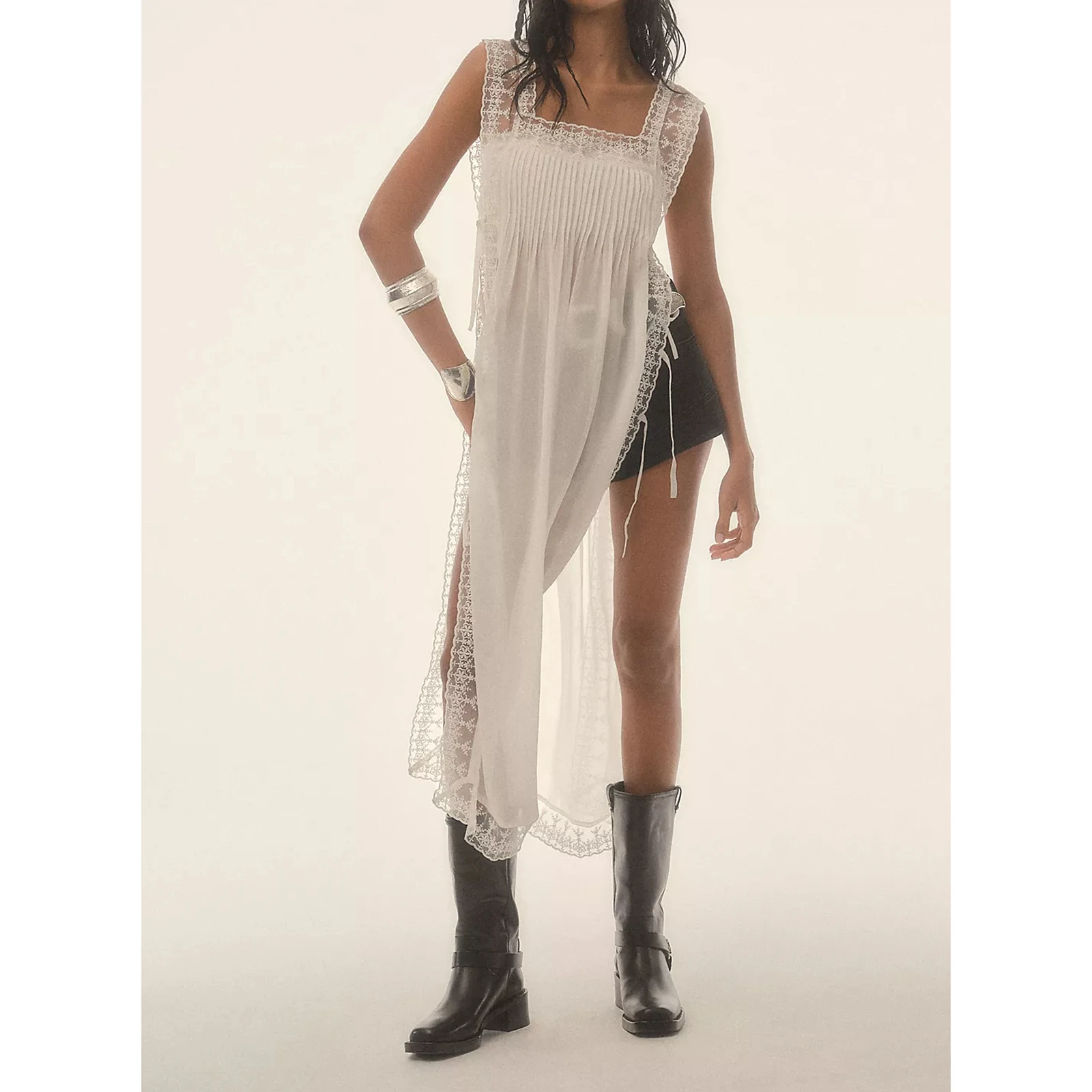 Abito da spiaggia vintage Boho da donna Abito estivo casual senza maniche con allacciatura sul davanti in pizzo Abito da canotta per feste da vacanza Abbigliamento quotidiano Streetwear