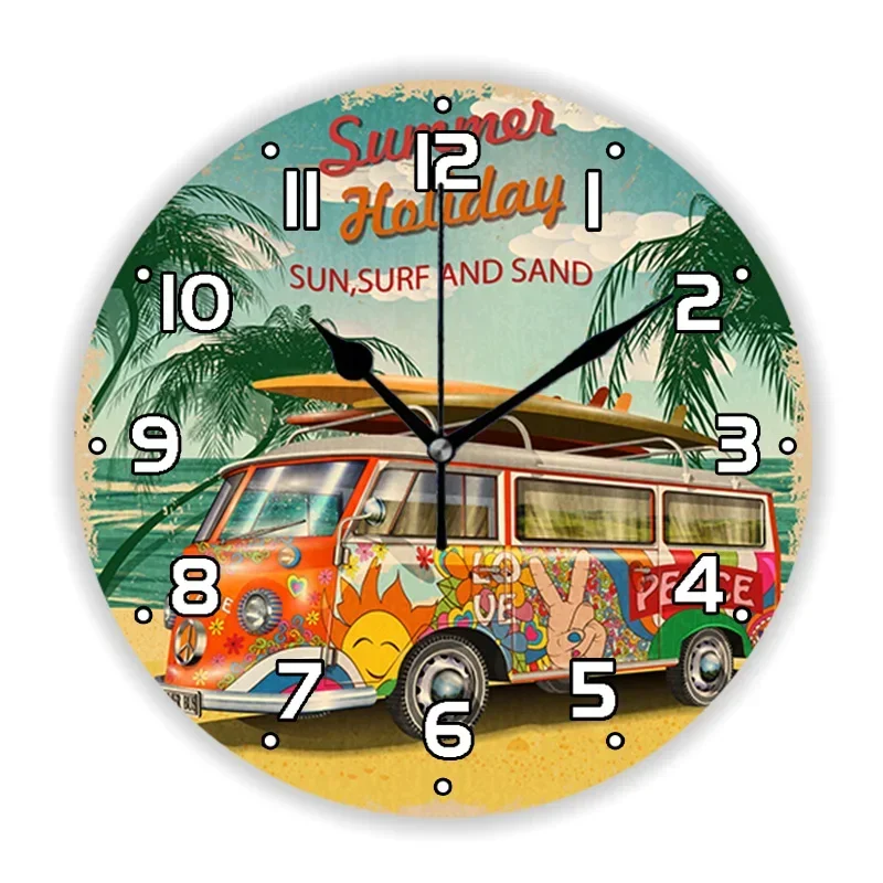 Vintage Summer Holiday Bus Camper Van Wall Clock for Living Room Kitchen Retro Car Surfing Beach Large  Watch Home Decor 35