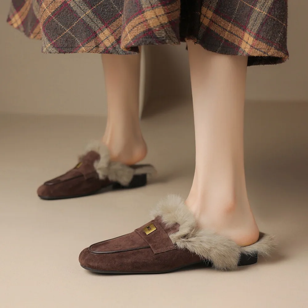 Winter Shoes Women Suede Rabbit Hair Mules Slipper Fashion Solid Color Closed Toe Fur Slippers Casual Outside Furry Warm Slides