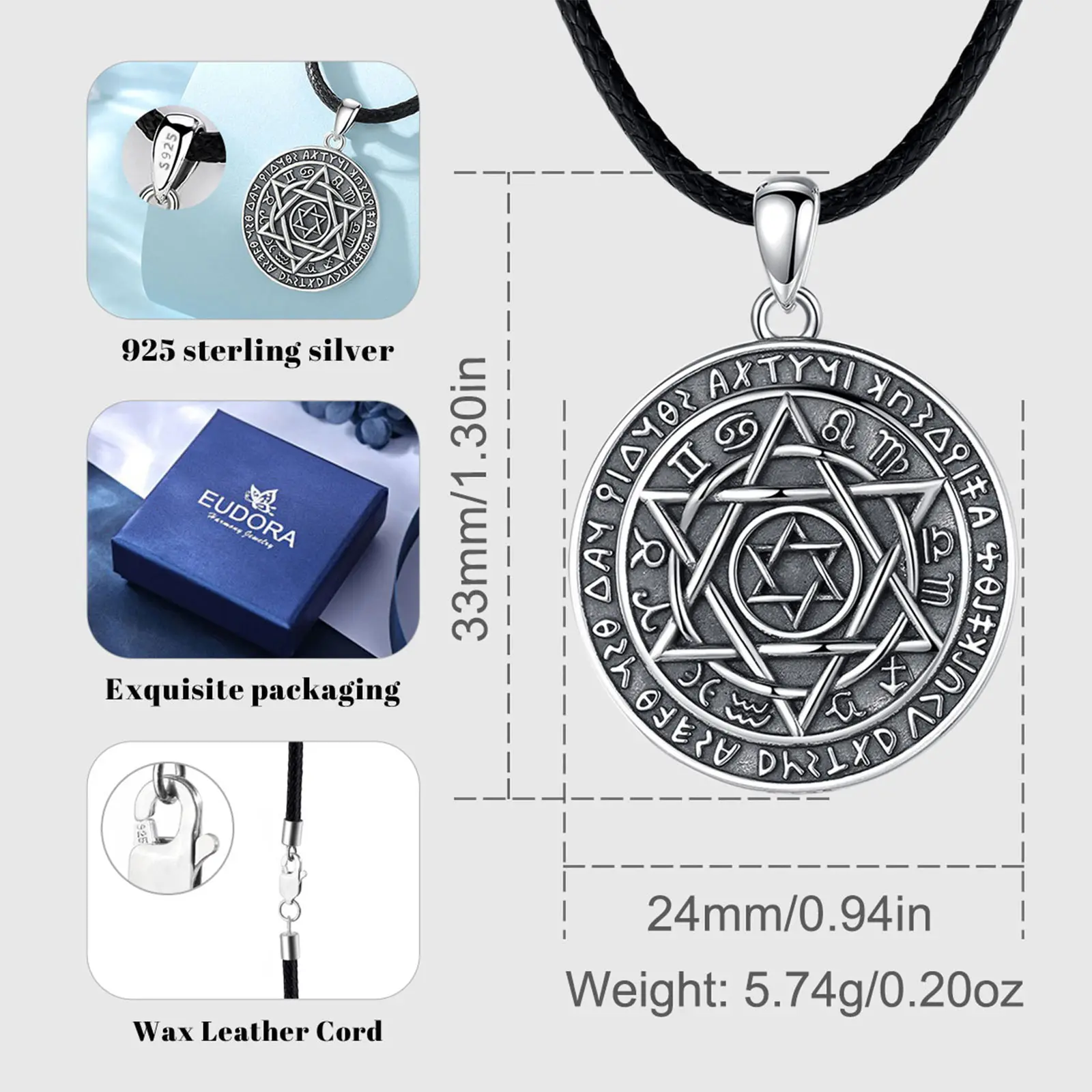 Eudora 925 Sterling Silver Solomon Talisman Amulet Necklace for Women Man Vintage Solomon Kabbalah Pendant Personality Jewelry