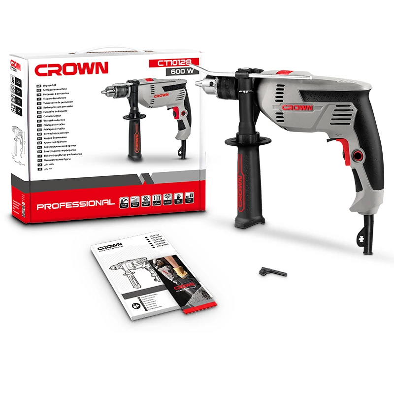 CROWN 220v Variable Speed Handheld Steel Wood Drilling Power Tools Reverse Lock-on Function Electric Soft Grip 13mm Impact Drill