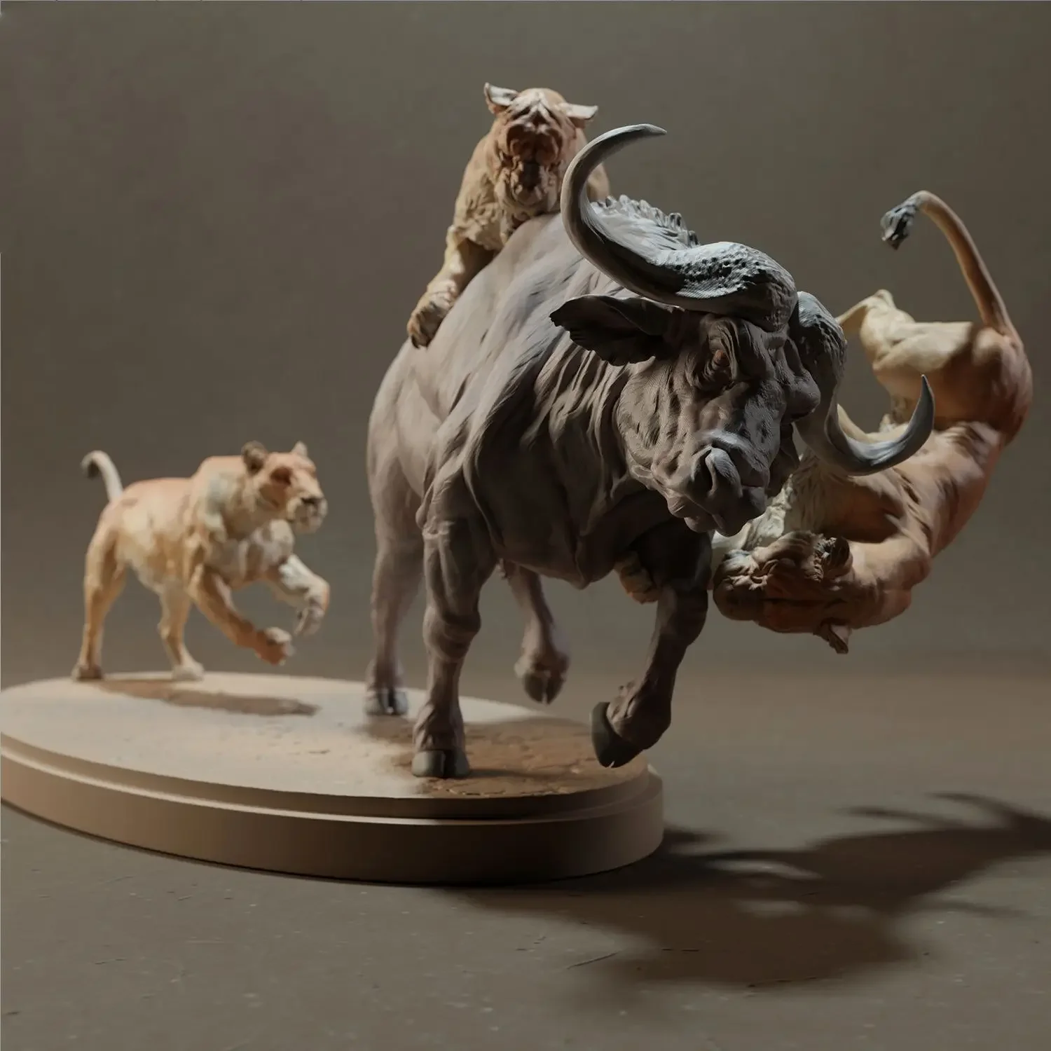 Leão Caça Buffalo Modelo Branco Modelo Animal Decoração Artesanal Revestimento Modelo de Resina