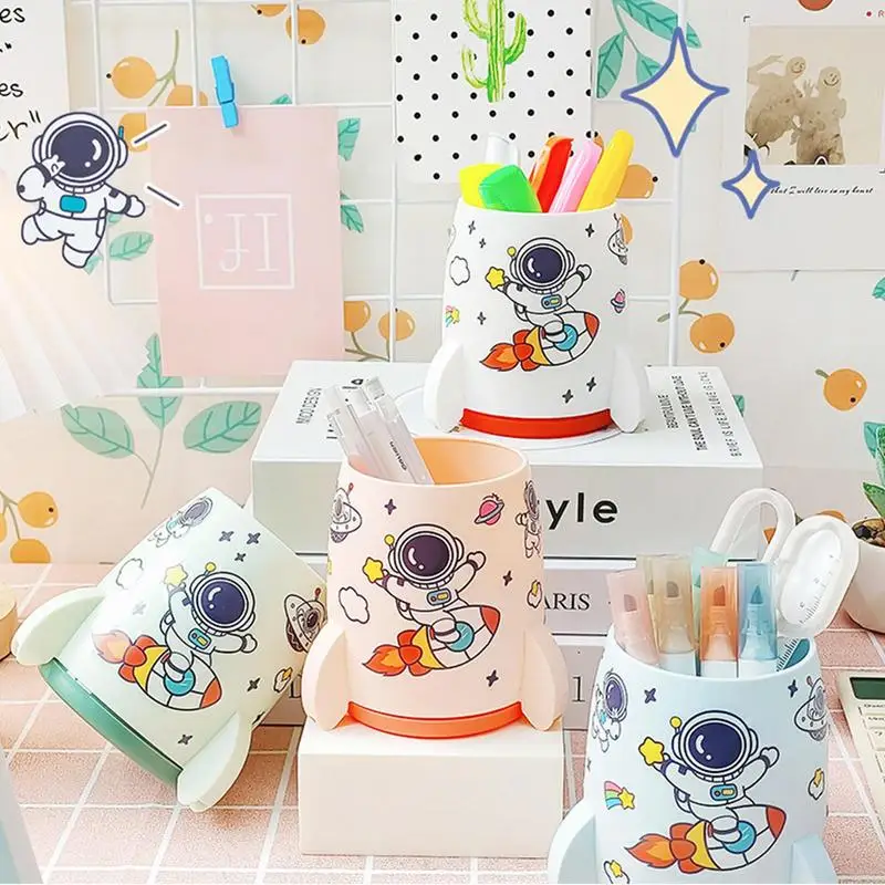 Kawaii Rocket Desktop Pen Holder Large-capacity Creative Stationery Storage Box Cartoon Pencil Holder Desk Organizer Kid Gift