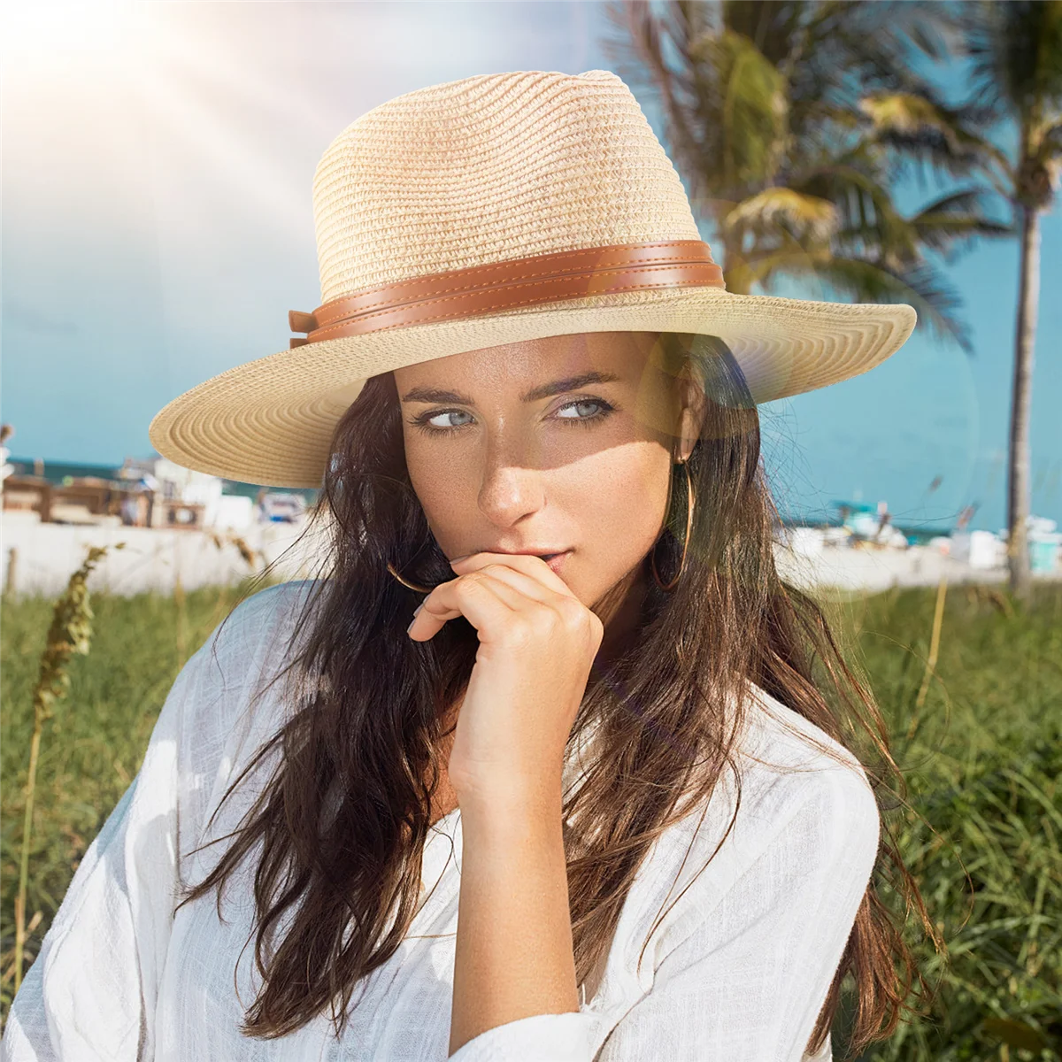 A75k novo chapéu de palha natural panamá em forma macia verão feminino/masculino aba larga praia boné de sol proteção uv chapéu fedora bege