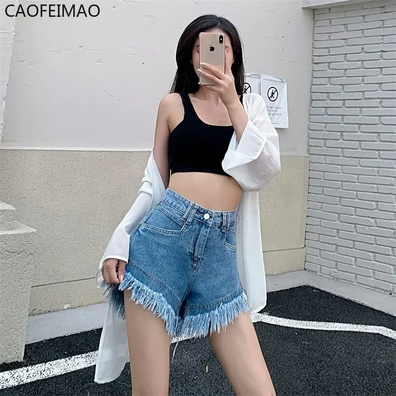 Raw Edge Denim Shorts Women 2023 Summer Thin Style Loose Design Sense European Goods Tassel A-word Hot Pants Outer Wear