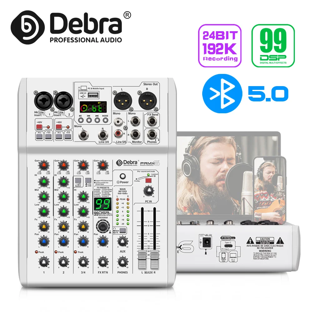 PRMX-6 Professional Audio Mixer, DJ mixer with Bluetooth 5.0, 48V phantom power, 24BIT/192KHZ, for webcasting, band performance