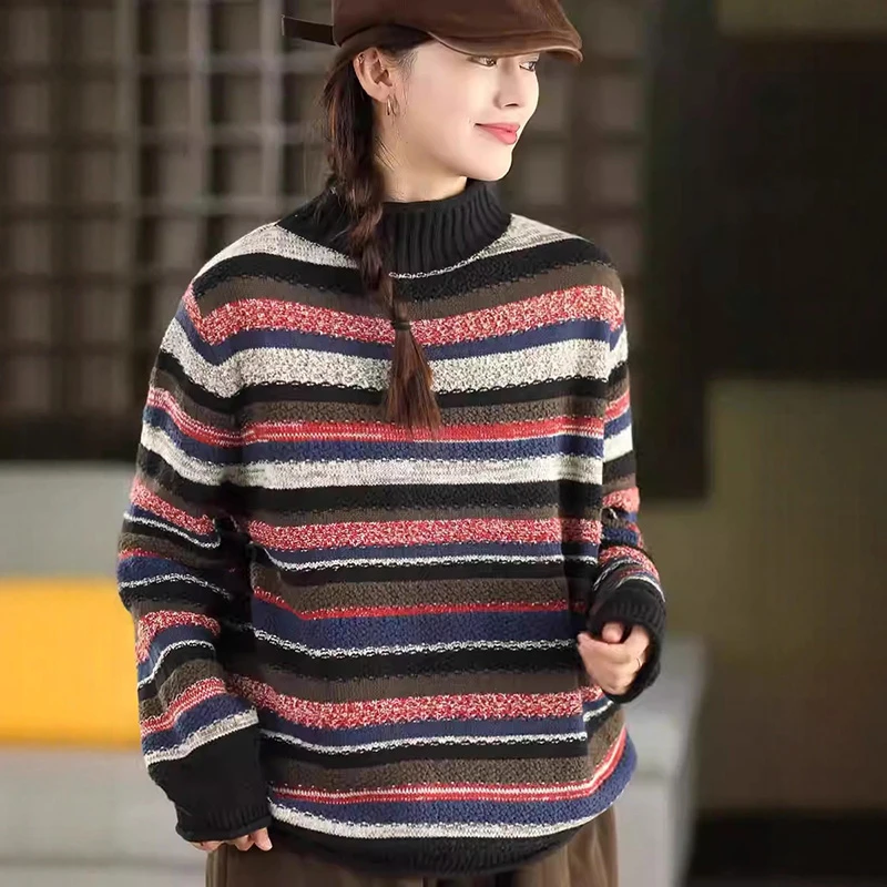 

Women Long Sleeve Casual Sweaters New Arrival 2025 Autumn Simple Style Half High Collar Striped Female Knitted Pullovers T794