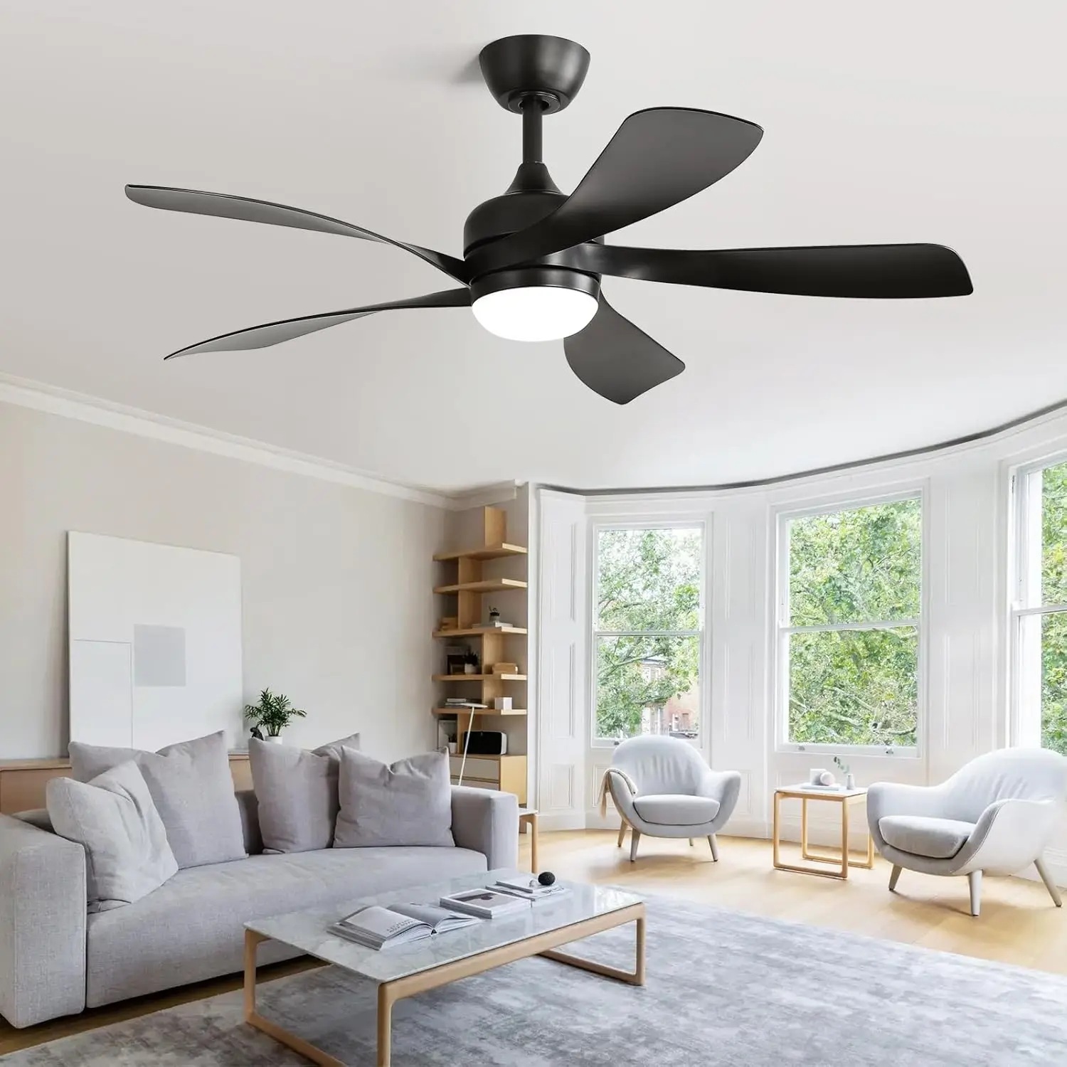 52 inch Black Ceiling Fans with Lights, Ceiling Fan with Light and Remote Control, Modern, Flush Mount, 5 Blades, Quiet