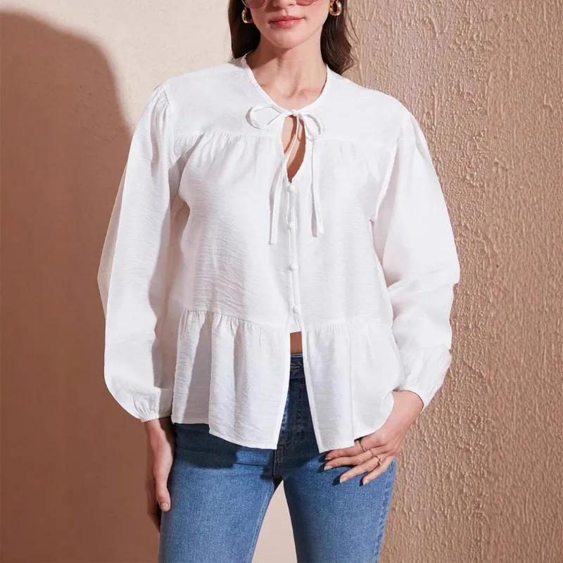 

Женская новая модная темпераментная элегантная свободная рубашка на пуговицах с круглым вырезом и длинными рукавами, топ