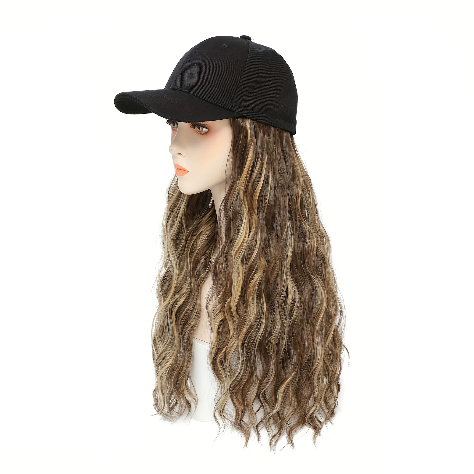 18-дюймовый женский вьющийся парик с бейсбольной кепкой, термостойкий синтетический, коричневые блики, ежедневное использование на открытом воздухе/пляже, все этницы