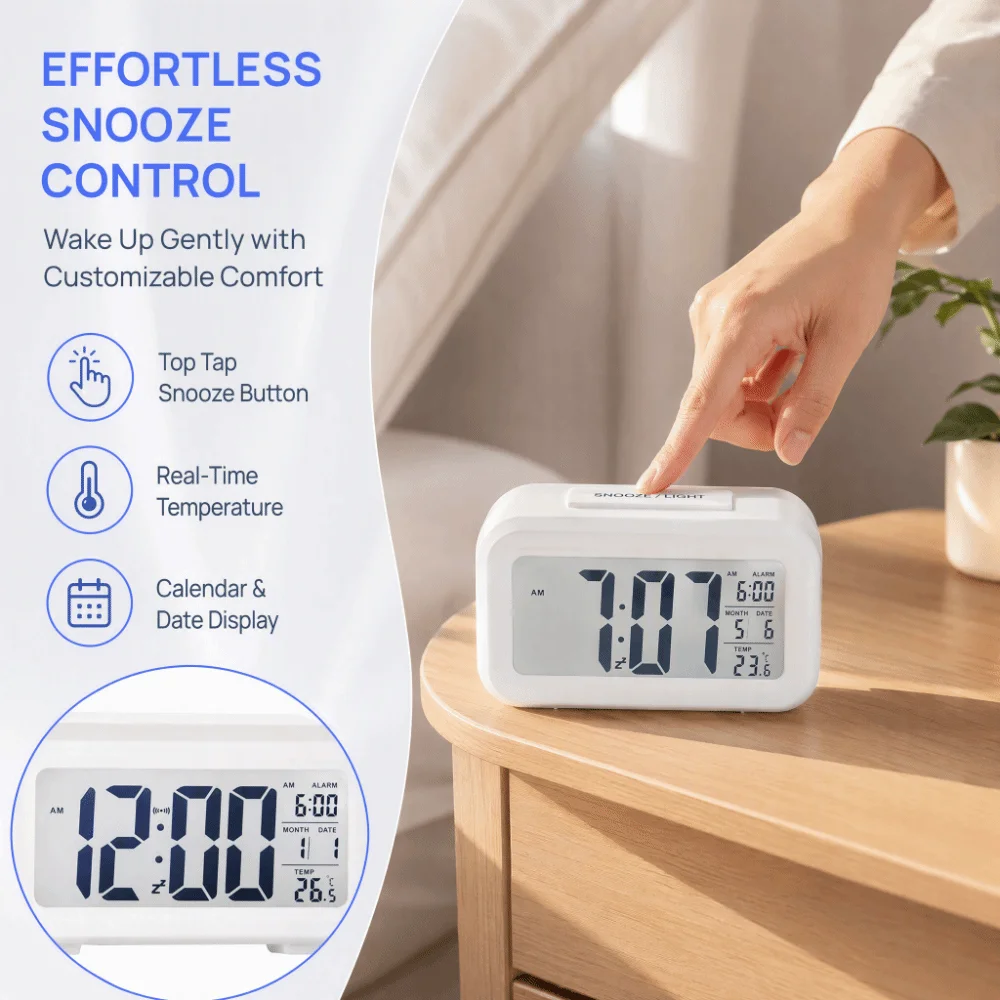 Battery Operated LED Alarm Clock Large LED Display Auto-Dim Display Digital Alarm Clock 12/24H Format Temperature Display