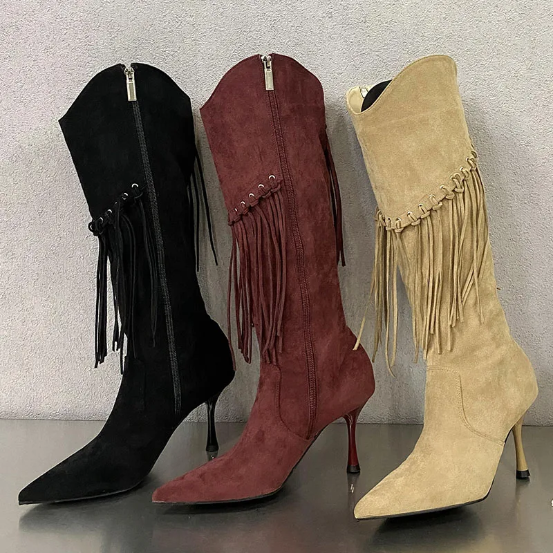 Fashion Designer Tassels Footwear Women Knee High Chelsea Boots With Thin Heels Shoes Female Pointed Toe Ladies Long Booties