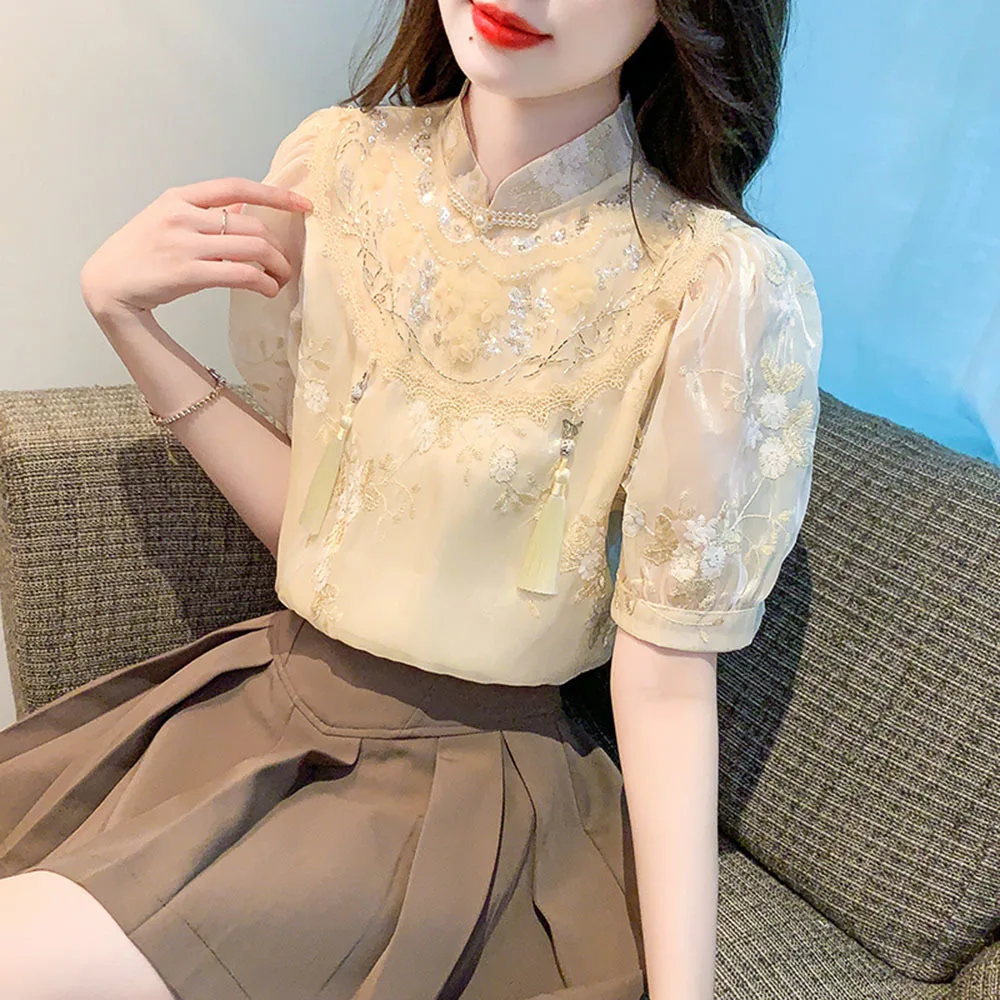 

Chinese Style Elegant Shirts And Blouse Women Short Sleeve Chiffon Tops Lady Summer 2024 New Temperament Top Bubble Sleeve Shirt