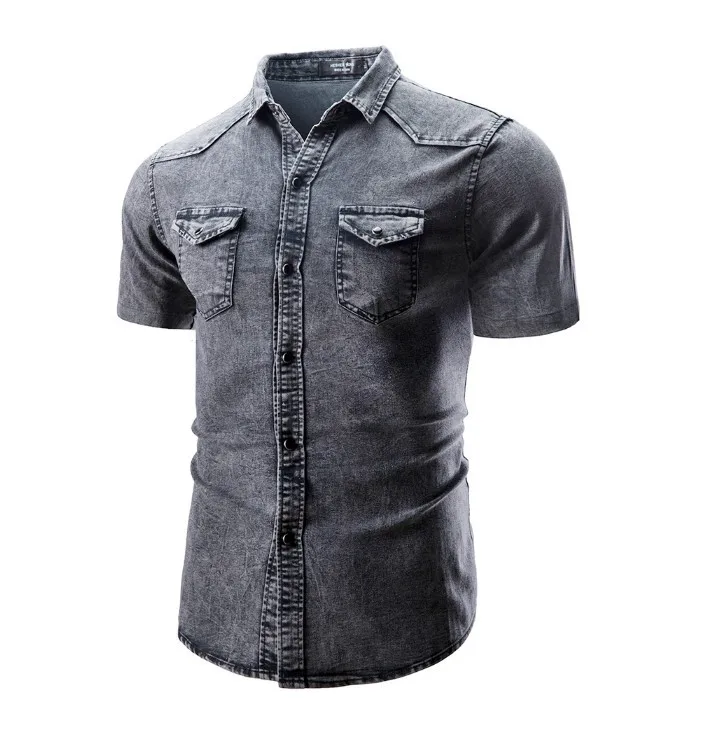 New Men's Fashion Short Sleeve Denim Shirt Soft Solid Color Slim Fit Cowboy Top for Men