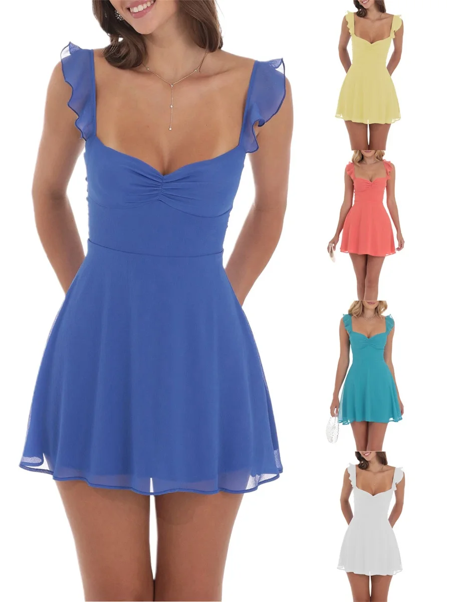 Women Summer Mini Cami Dress Elegant Solid Sleeveless Open Back Smocked Waist Mesh Short Dresses for Cocktail Party Evening
