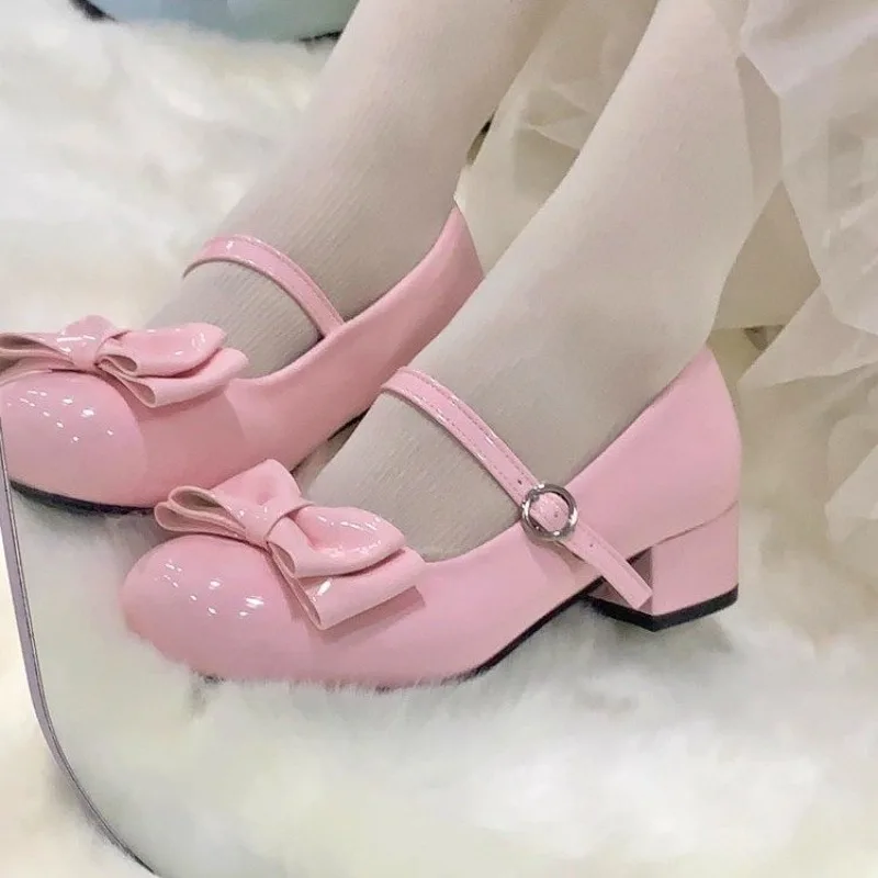 Sweet Low-heeled Sweetheart Cute Lolita Girl Round Head Toe Bow Women's Shoes Japanese Style Casual Elegant Pumps Femme