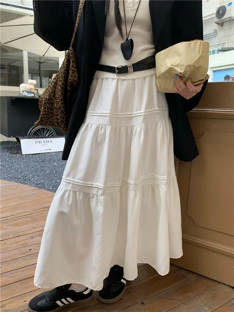 

Summer Long White Skirt Versatile High Waist A-Line Cake Skirt for Women Polyester Fiber Pure Color Tassel Detail