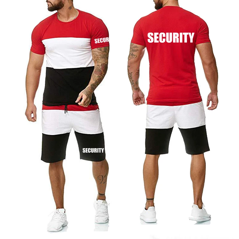 Uniforme de segurança masculina manga curta camiseta estampada de verão Harajuku Colorblock, terno de calças de algodão de alta qualidade