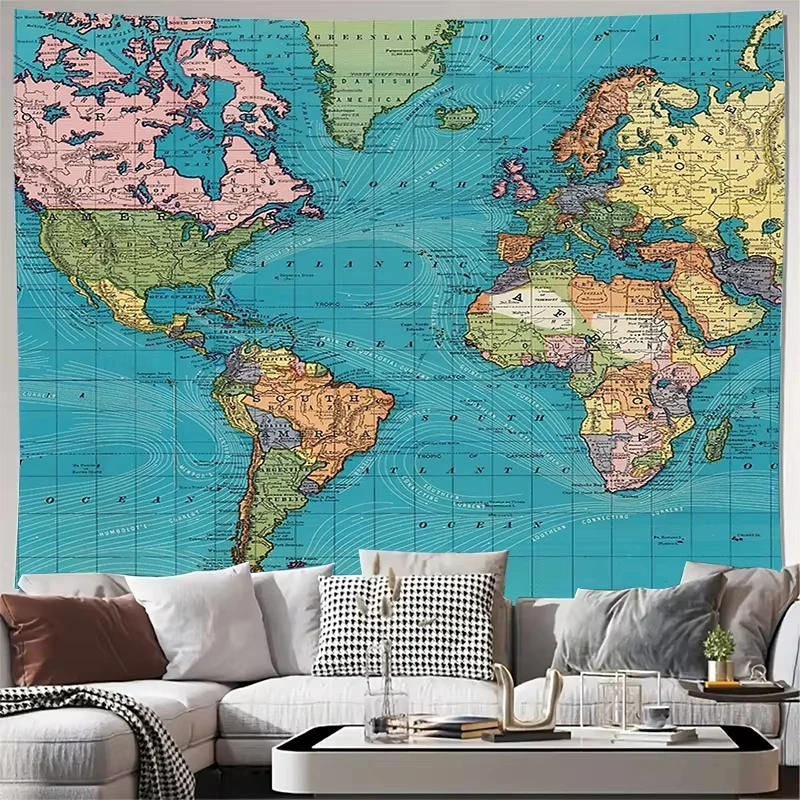 Vintage World Map Tapestry Wall Hanging - Antique Celestial Art Travel Theme Home Decor Aesthetic Bedroom Living Room
