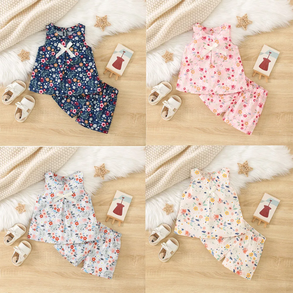 Summer New Two-piece Girls and Girls Flowers Full Print Bow Ribbon Sleeveless + Shorts Casual Suit (Girls 0-3 Years Old)