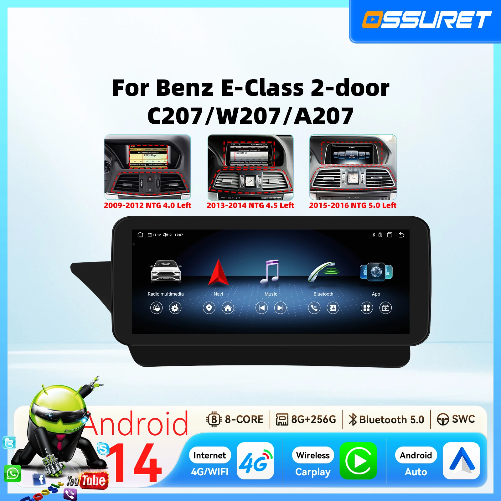 Autoradio Carplay Android 14, 10.25 pouces, pour Mercedes Benz classe E C207 W207 A207 NTG 4.0 4.5 5.0, lecteur multimédia GPS, systèmes intelligents pour voiture, SWC RDS DSP BT