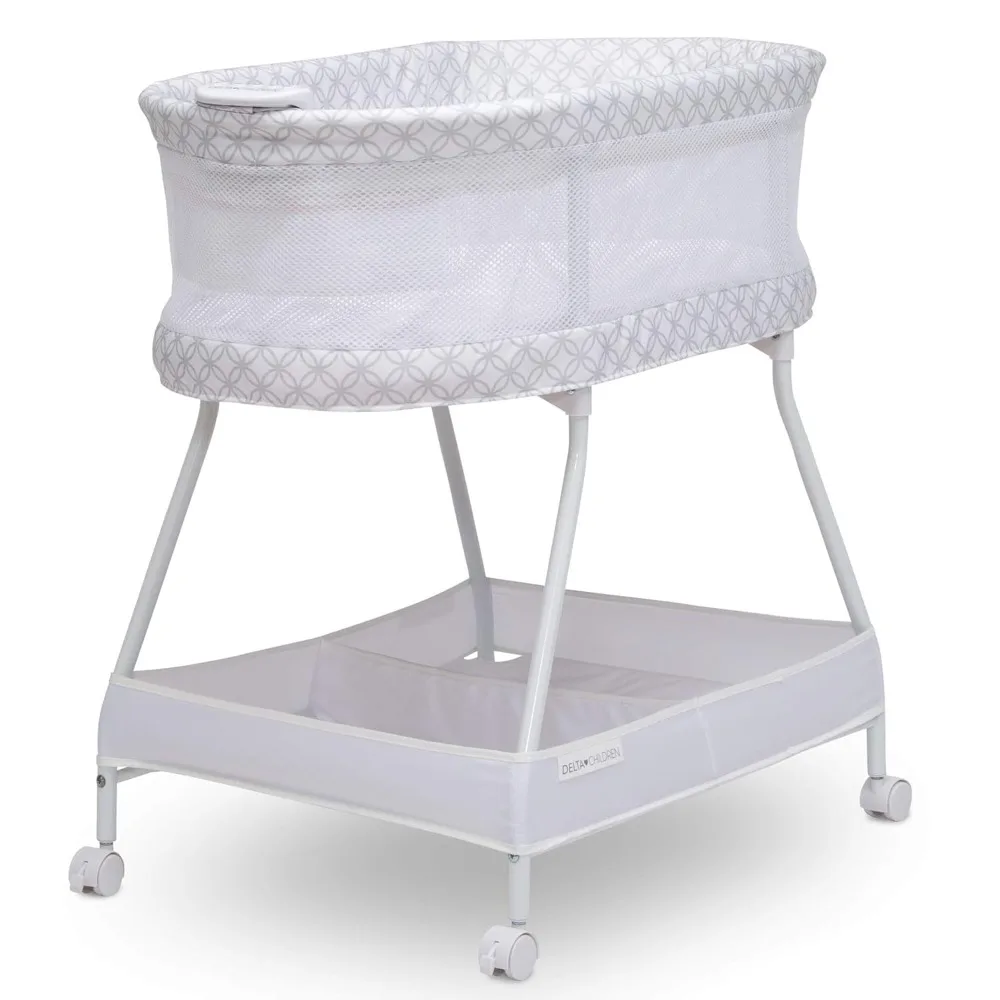 Sweet Dreams Bassinet with Airflow Mesh Bedside Portable Crib with Vibration Lights and Music, Grey Infinity