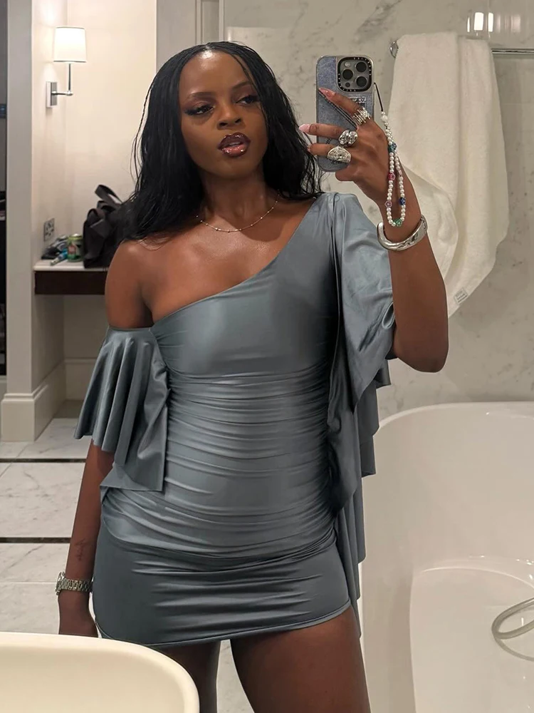 Nibber Off-Shoulder Mini-Kleid für Damen, sexy, modisch, schräger Kragen, ausgestellte Ärmel, eng anliegend, pfirsichfarben, Hüftbetonung, für Mitternachts-Club-Partys, elegant, figurbetont – Detail 4