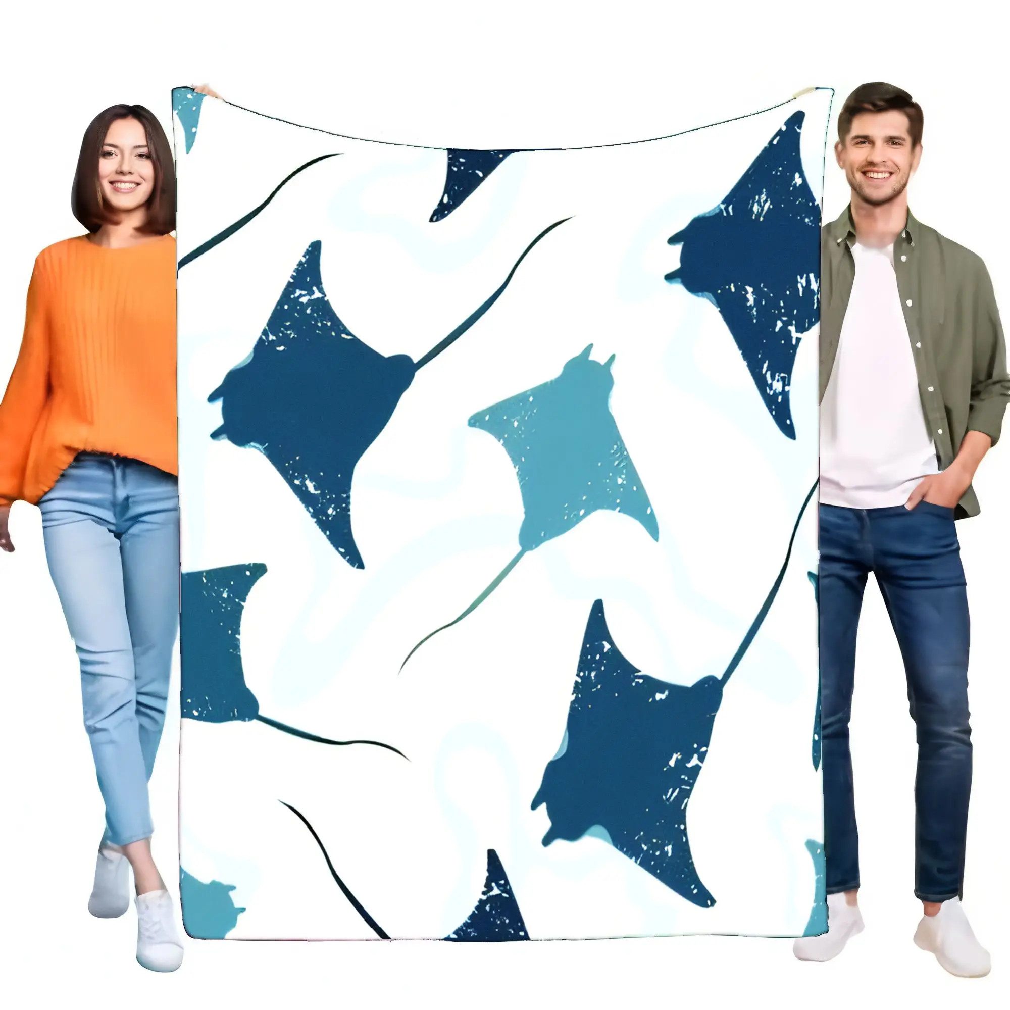 Weiche, gemütliche blau-weiße Stingray Manta Ray Ocean Life Überwurfdecke, dekoratives Fleece für Bett, Sofa, Wohnzimmer, Meerestier-Geschenk