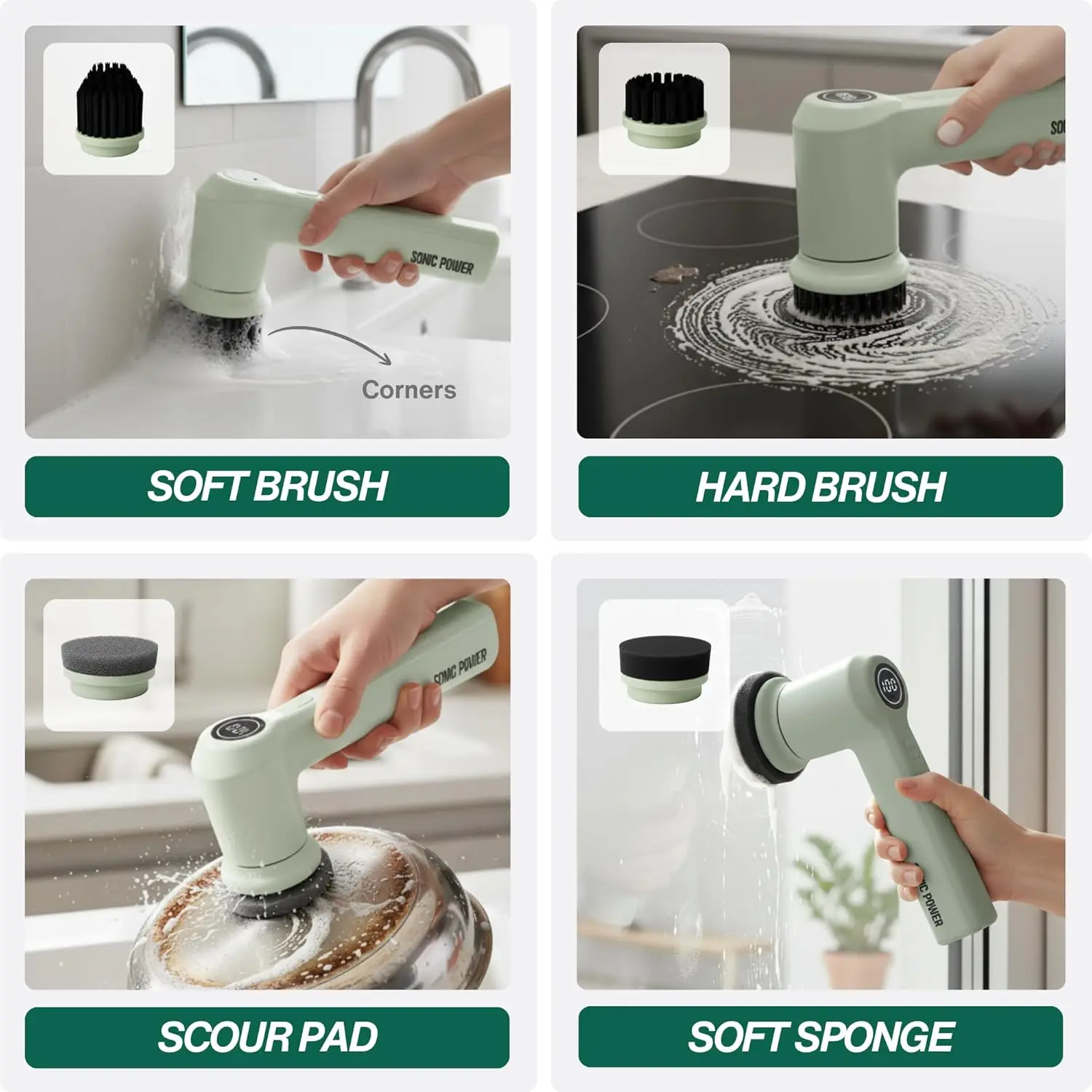 電動スピンスクラバー、ハンドヘルド＆人間工学に基づいたデザイン、IPx7防水、4つの多目的アタッチメント、長持ちする充電式バッテリー |