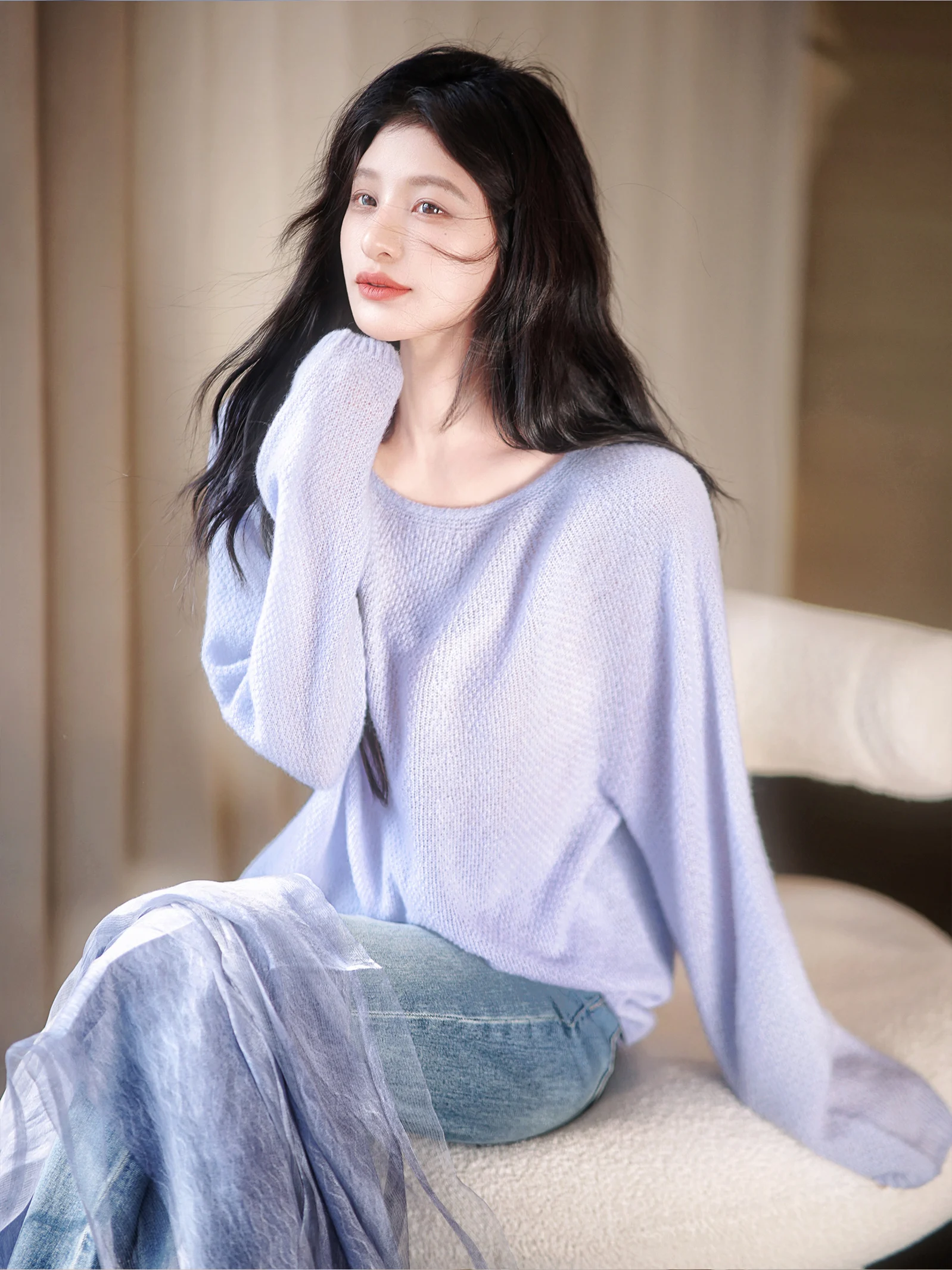 

Zhaodaxi Silk Cashmere Knitted Shirt Spring Summer Entry Level Soft round Neck Long Sleeve Loose Fit Women's Premium Knitwear