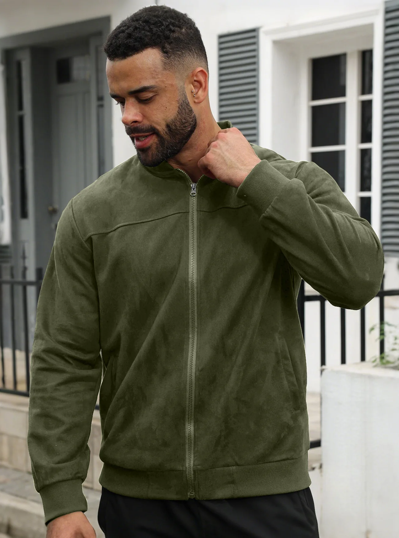 

‌2025 Men's Suede Leather Flight Jacket-Patchwork Zipper Bomber Slim Fit Lightweight Plain Color Casual Streetwear Spring/Autum