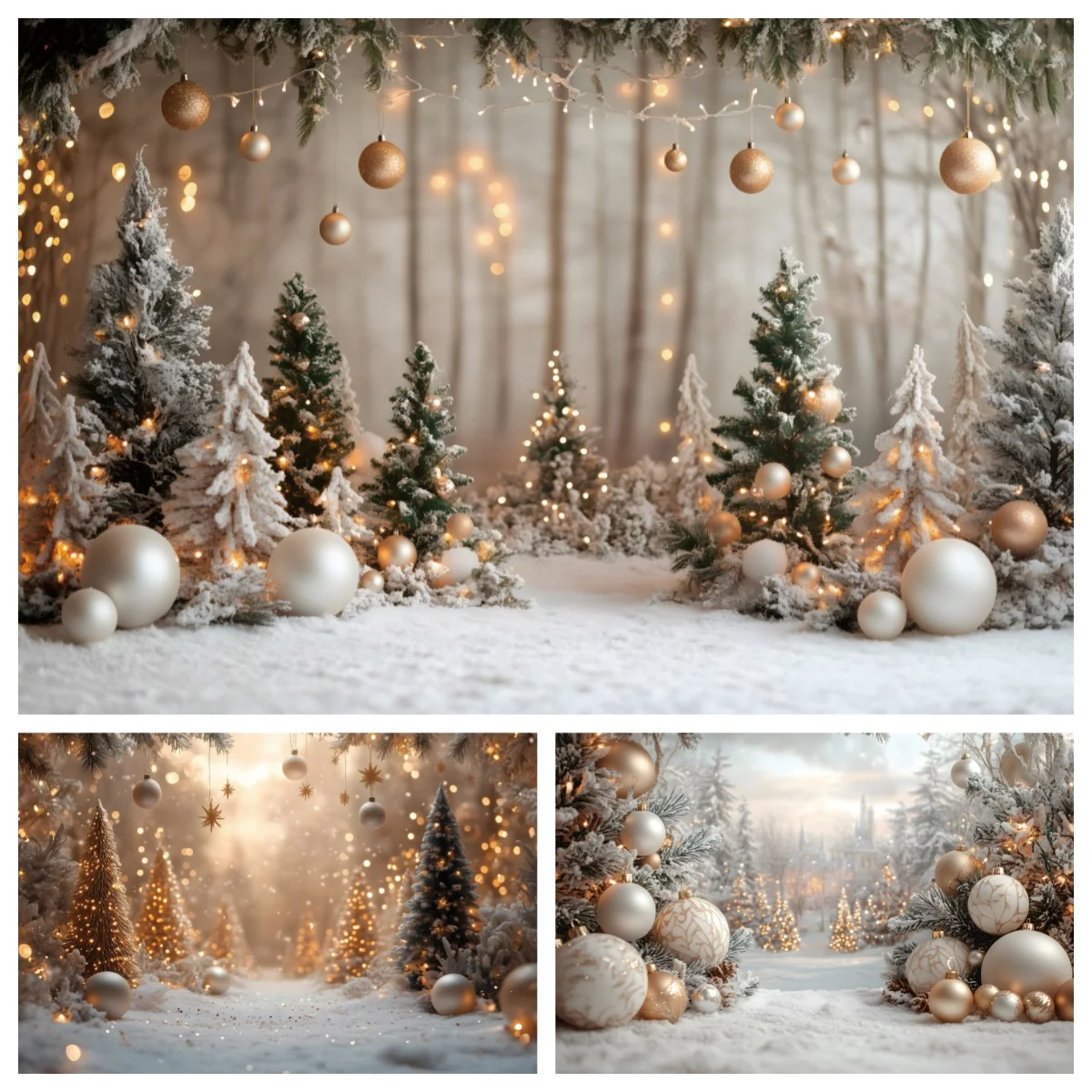 Winter Snow Christmas Background Photography Golden Sparkling Bells Pine Forest Family Party Kids Portrait Decor Backdrop Studio