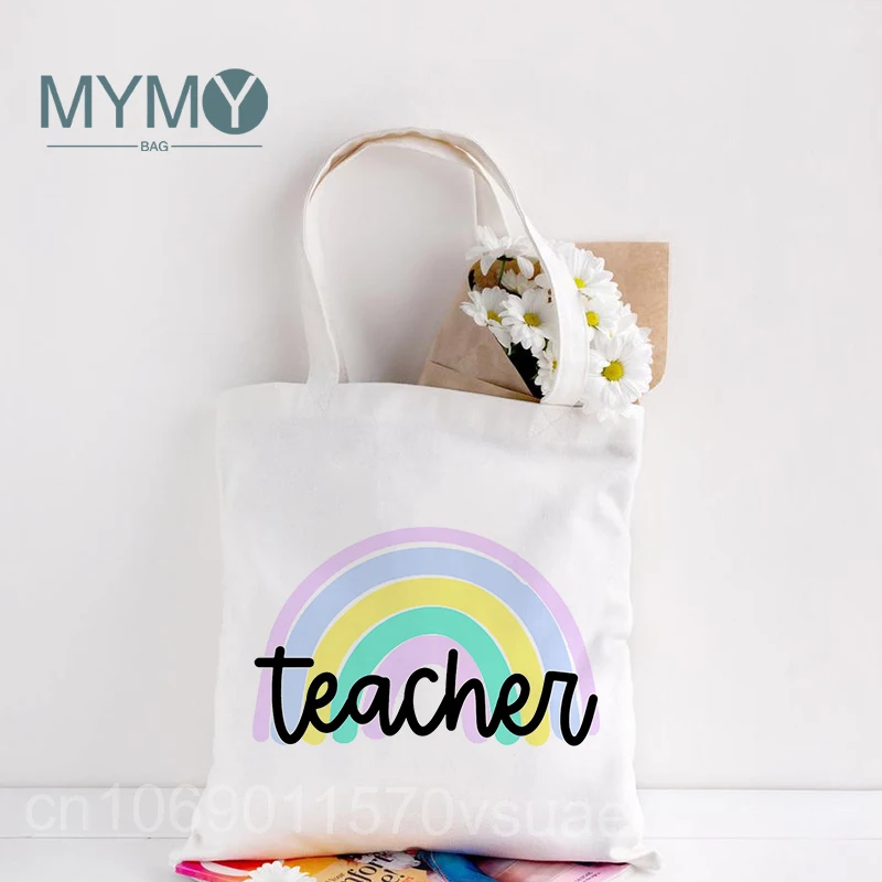 Teachers Gift Teacher Tote Bag Women Canvas Shoulder Bags Rainbow Letter Printed Casual Totes Female Large Capacity Handbag